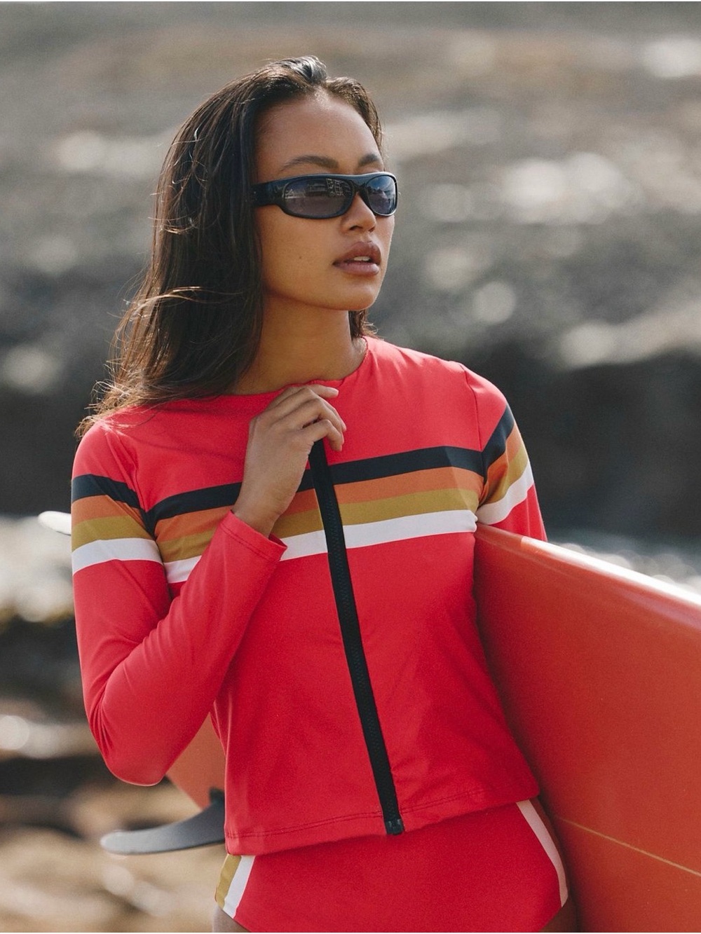 NWT new XS free people mola mola Carissa surf rash guard swim red stripe zip up